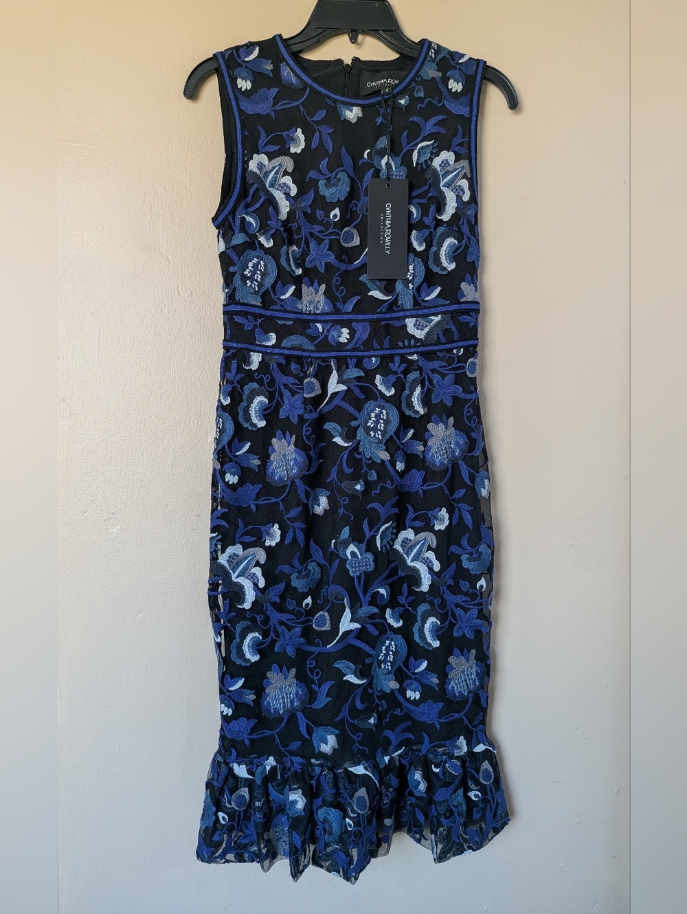 NWT! Cynthia Rowley Embroidered Sleeveless Midi Dress, Black Navy Floral (4)